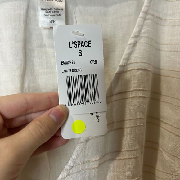 L*space Emilie V-Neck Side Knot Tie Wrap Dress White Tan Stripes Women Small NWT - Picture 8 of 8